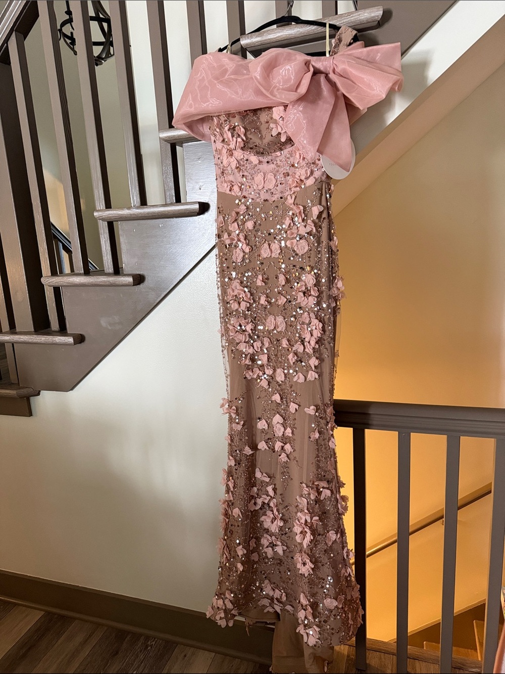 Blush Pink 3D Floral Strapless Prom Gown with Bow
